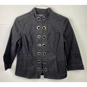 BACCINI‎ Black Denim Jean Jacket Womens Medium Metal Holes Hook & Eye Closure